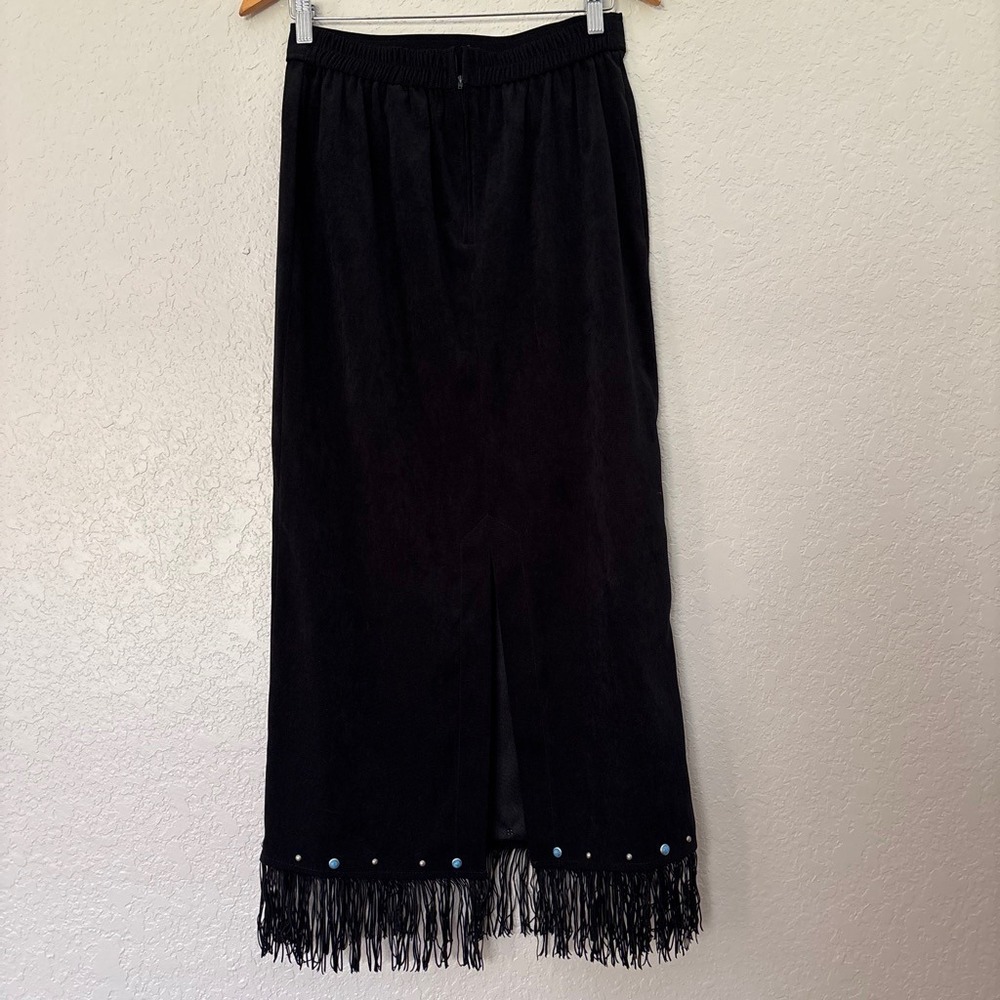 VTG New Frontier Black faux suede fringe maxi skirt - Picture 2 of 8
